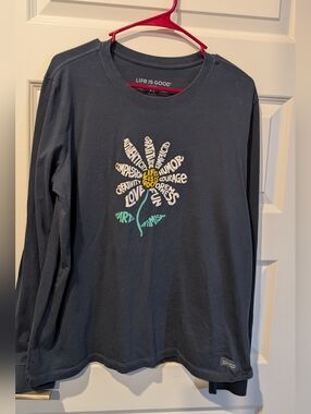 Life Is Good Navy Long-Sleeve Tee with Floral Word Graphic